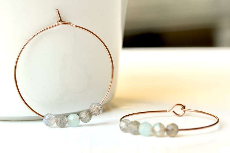 Labradorite aquamarine hoop earrings made of 316L surgical steel as a romantic gift for her with gemstone beads image 6