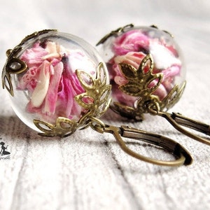 Flower earrings gorse vintage bronze style pink pink flower earrings terrarium earrings gift for her wife girlfriend flower jewelry