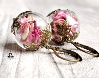 Flower earrings gorse vintage bronze style pink pink flower earrings terrarium earrings gift for her wife girlfriend flower jewelry