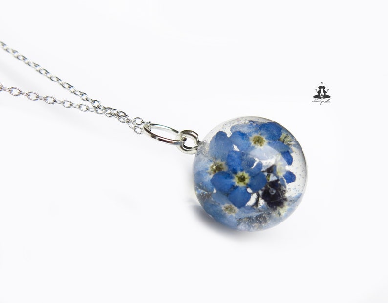 Sterling silver necklace forget-me-not resin with silver leaf floral jewelry and romantic gift for her and for nature lovers Silber