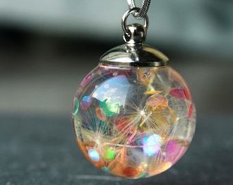 Cadena de diente de león con purpurina y bola de discoteca, amuleto de la suerte moderno en colores del arco iris como regalo romántico para ella, esposa, novia, madre