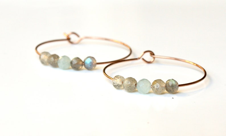 Labradorite Aquamarine Hoop Earrings made of stainless steel 316L as a romantic gift for her with gemstone beads image 4