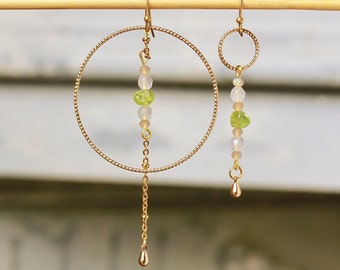 Earrings gemstones gold peridot raw stone with rose quartz beads and geometric shape Christmas gift trend jewelry gift for her