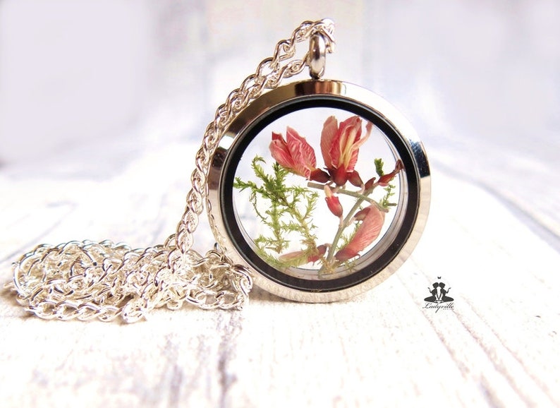 Chain Blossoms and MossGinster MedallionPressed BlossomsGift for ThemNature JewelryBlossoms Jewelry