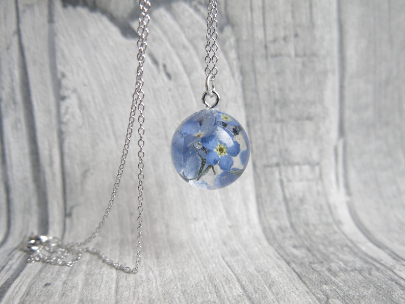 Sterling silver necklace forget-me-not resin with silver leaf floral jewelry and romantic gift for her and for nature lovers image 4