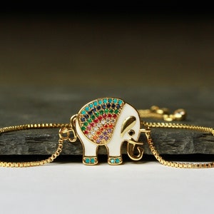 Bracelet éléphant zircone émaillé comme un beau cadeau pour elle, un véritable bracelet plaqué or avec une perle coulissante, taille réglable image 7