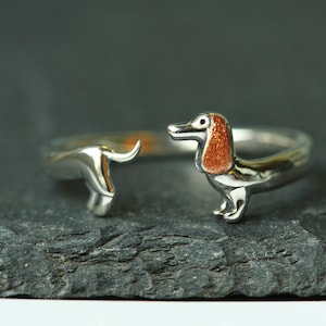 Silver ring dachshund made of 925 sterling with hand-coppered ear the perfect gift for her as size-adjustable real jewelry with dog