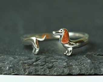 Silver ring dachshund made of 925 sterling with hand-coppered ear the perfect gift for her as size-adjustable real jewelry with a dog