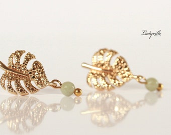 Boucles d’oreilles feuille monstera perles de jade boucles d’oreilles boho bijoux floraux modernes avec feuilles idée cadeau de style scandinave pour les femmes