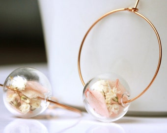 Flower earrings hydrangeas in glass beads with rose gold colored creole made of stainless steel a unique floral gift for her