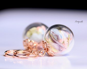 Hoop RoseGold Coloured  Earrings - Mini Creoles with real Flowers Gift for her / Romantic earrings / Gift for the Girl friend