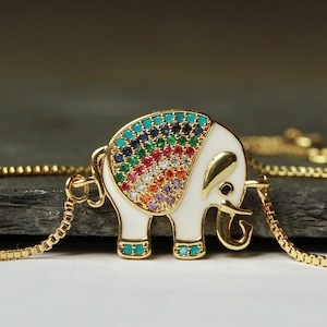 Bracelet éléphant zircone émaillé comme un beau cadeau pour elle, un véritable bracelet plaqué or avec une perle coulissante, taille réglable image 1