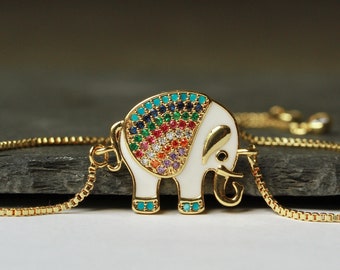 Bracelet elephant zirconia enamelled as a beautiful gift for her, a real gold-plated bracelet with a sliding bead, adjustable in size