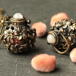 Vintage Medaillon Weidekätzchen / Antik Bronze Prayerbox / Geschenk für Sie / Rosenquarz Kette / Sommer Retro Schmuck / Origineller Schmuck