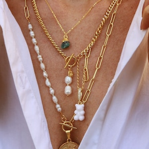 Necklace gold long freshwater pearl emerald bee zodiac sign link chain paperclip perfect combination and a personal gift for her