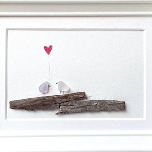 Sea glass picture love birds on branch with heart framed unique handmade sea glass and wood romantic gift for lovers girlfriend wife