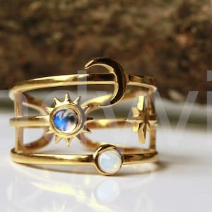 Anillo celestial Sol Luna Estrellas Piedra lunar Opalita Oro Original Ladyville Diseño Astrología Anillo de cuerpo celestial Regalo para ella imagen 1