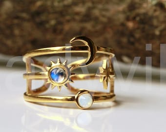 Himmlischer Ring Sonne Mond Sterne Mondstein Opalite Gold Ursprüngliches Ladyville Design Astrologie Himmelskörper ring Geschenk für sie