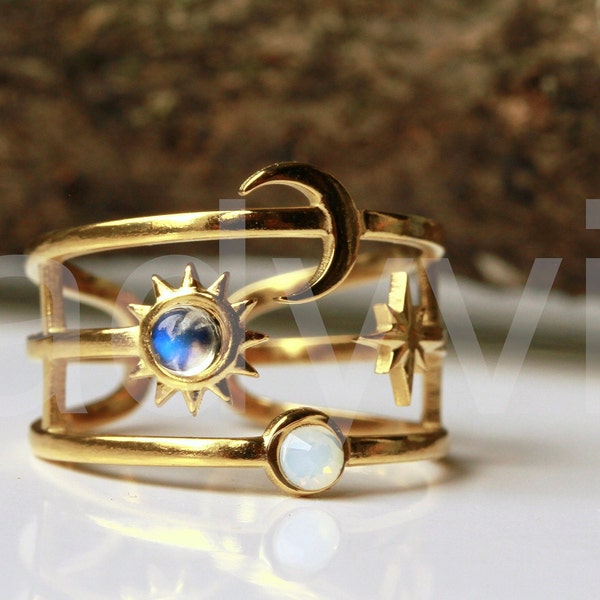 Himmlischer Ring mit Sonne Mond und Sterne Mondstein Ring Gold ORIGINAL Ladyville Design Astrologie Himmelskörper ring Geschenk für sie