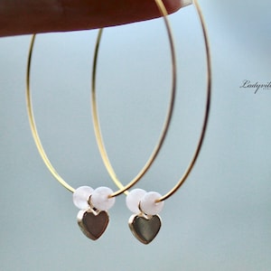 Creoles rose quartz heart fine pearl earrings with gemstones as a romantic gift for her a geometrically modern earring