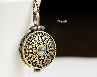 Unique Moonstone Locket / Vintage Bronze Prayerbox / Gift for Her / Turquoise Locket / Vintage Jewelry / Original Jewelry