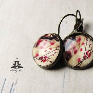 Cabochon earrings flowers nature jewelry forest gift for her floral leaf jewelry antique bronze with cherry blossom in vintage style