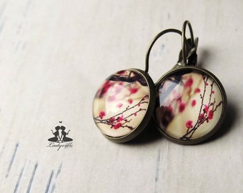 Antique bronze earrings in vintage style - branch with red flowers on the tree Cherry Blossom / Gifts for You / Cabochon Jewelry / Statement Jewelry