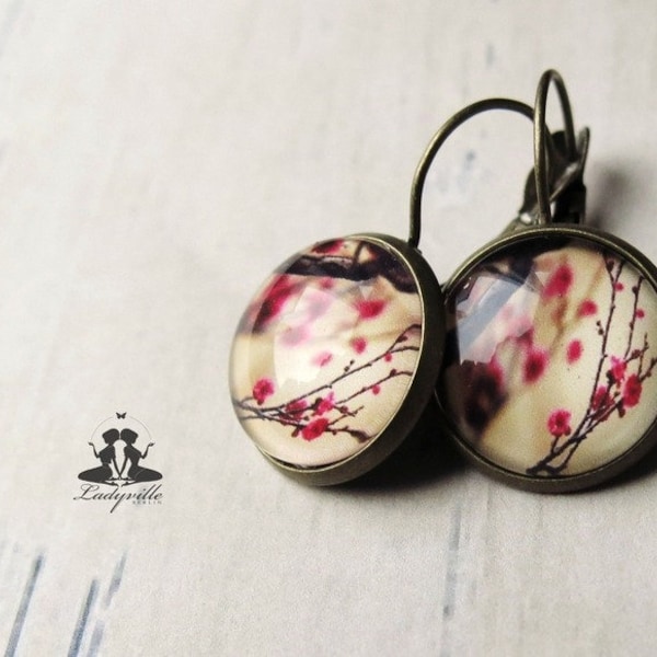 Antique bronze earrings in vintage style - branch with red flowers on the tree Cherry Blossom / Gifts for You / Cabochon Jewelry / Statement Jewelry