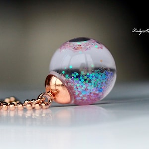 Water necklace glitter in rose purple gift for her / glass ball necklace with glitter / snow globe necklace / original gift / party jewelry