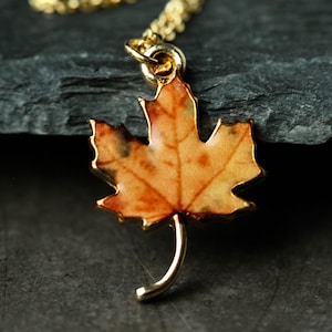 Leaf necklace maple enameled with gold-plated sterling silver chain as a unique gift for women