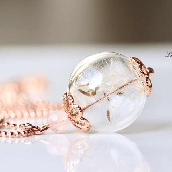 Pusteblumen chain rose gold in glass ball with rose quartz as a romantic gift for you as a lucky charm and wish fulfiller