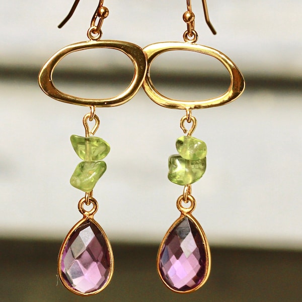 Peridot raw stone earrings with amethyst bezel and geometric shape as enchanting gemstone jewelry and special gift for her