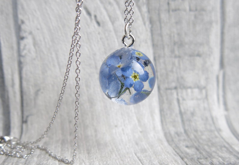 Sterling silver necklace forget-me-not resin with silver leaf floral jewelry and romantic gift for her and for nature lovers image 5