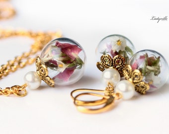 Schmuckset Rosen Ohrringe Kette Echte getrocknete Blüten gold romantisches Geschenk für sie Freundin Schwester Mutter Frauen Hochzeit