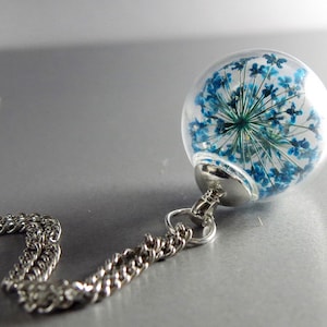 Necklace Real blue Queen Anne's lace dill flowers in a hand blown glass ball image 2