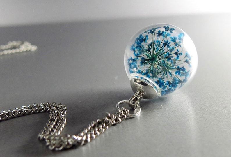 Necklace Real blue Queen Anne's lace dill flowers in a hand blown glass ball image 2