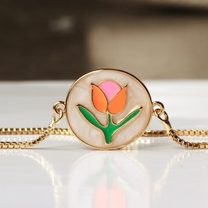 Bracelet Enamel Flower / Gift for You / Enamelled Gold Bracelet / Charm Bracelet / Minimalist Bracelet / Vintage Style Jewelry