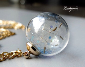 Dandelion Necklace Glitter / Glass Globe gold colored necklace with blue glitter dandelions / Wonderland necklace / Gift for her / Dazzling