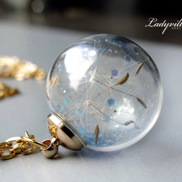 Dandelion Necklace Glitter / Glass Globe gold colored necklace with blue glitter dandelions / Wonderland necklace / Gift for her / Dazzling