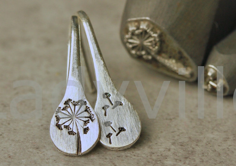 Silver earrings dandelion / Sterling silver hand stamped dandelions / Gift for her / Dandelion jewelry / especially jewelry / Birhtdaygift image 1