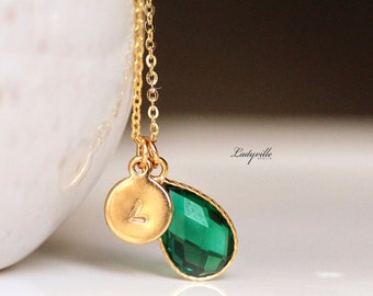 Birthstone necklace initial emerald sterling silver gold plated as a personalized gift for her handmade jewelry for wife girlfriend