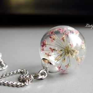 Necklace - Queen Anne's lace (dill) flowers in glass ball, new generation