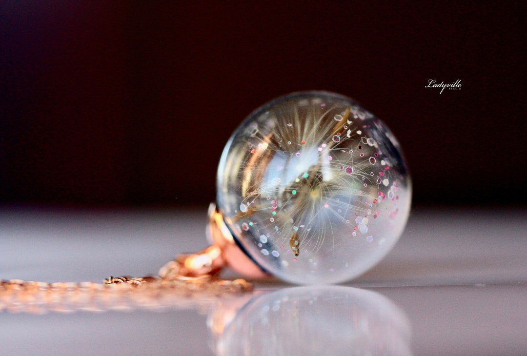 Dandelion Necklace Glitter Sterling Silver Rose Gold / Wish Ball ...