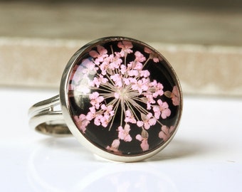 Ring flowers dill blossom pressed flowers resin glass cabochon silver or bronze in vintage style gift for women maid of honor bridal jewelry