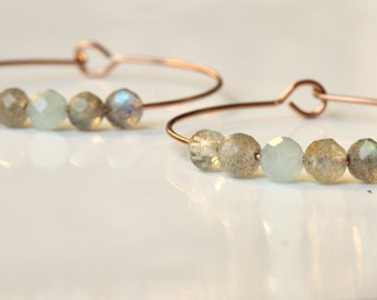 Labradorite Aquamarine Hoop Earrings made of stainless steel 316L as a romantic gift for her with gemstone beads