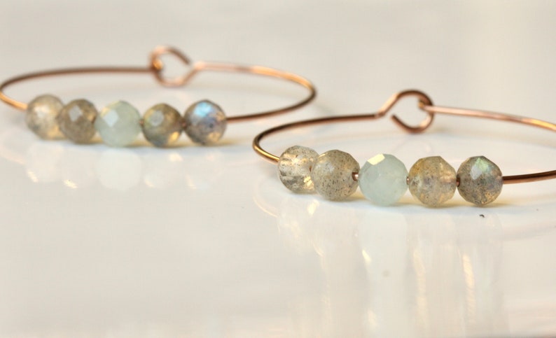 Labradorite Aquamarine Hoop Earrings made of stainless steel 316L as a romantic gift for her with gemstone beads image 1