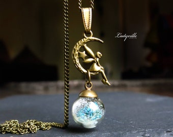 Moon Necklace Fairy / Angel in the moon with glittering snow and blossoms / Gift for her / especially gift / Christmasgift / Celestial gift