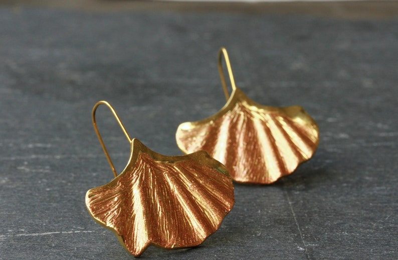 Ohrhänger Ginkgo Blatt Edelstahl echt vergoldet oder verkupfert als außergewöhnliches Geschenk für die Frau und Naturliebhaber Kupfer