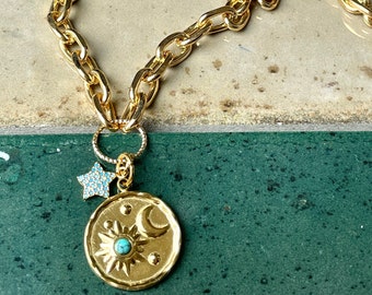 Chaîne ras du cou lune soleil étoile avec chaîne à maillons plaqués or massif une combinaison parfaite et un cadeau extraordinaire pour elle