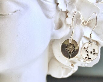 Sterling silver dandelion earrings hand stamped dandelion earrings as a floral gift for her a minimalist ear jewelry